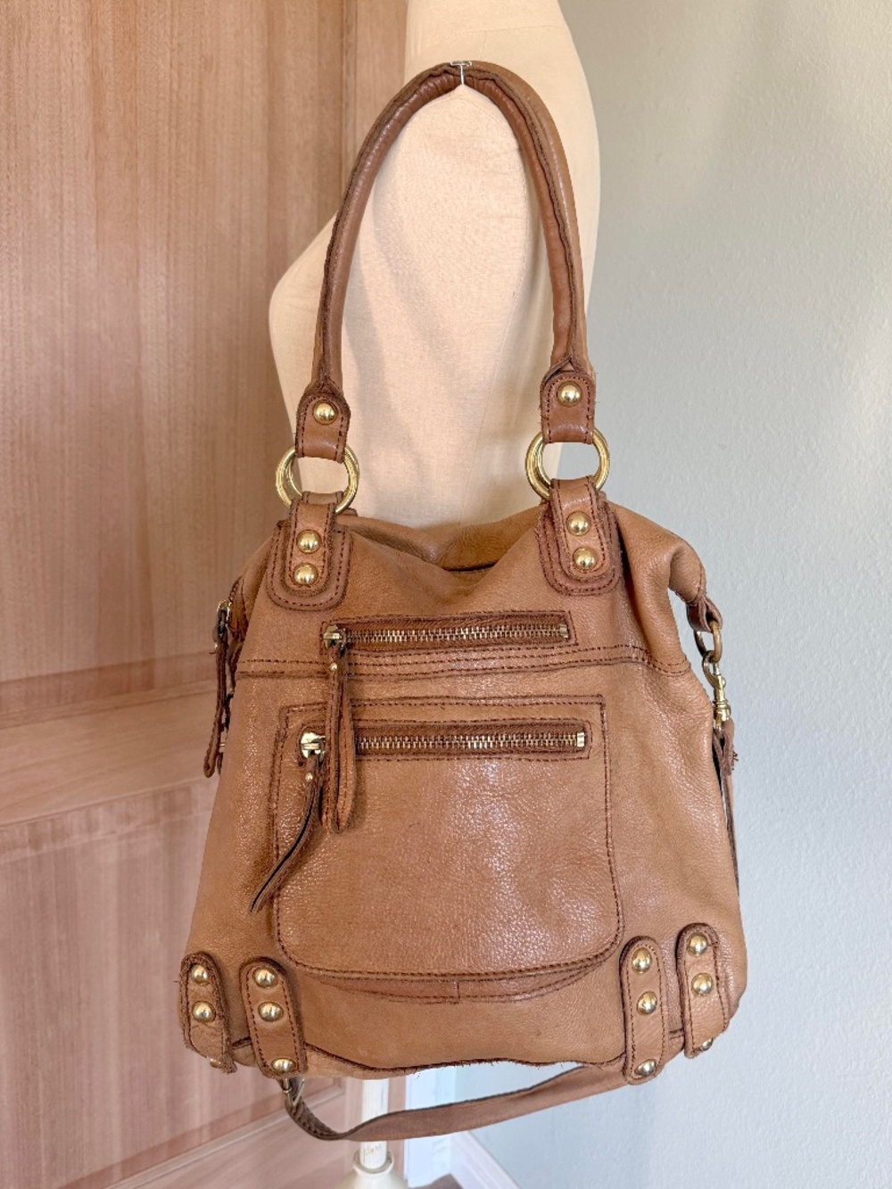 Brown Camel Genuine Leather Lined Pelle Tote Shoulder Bag Purse Large - Picture 1 of 11